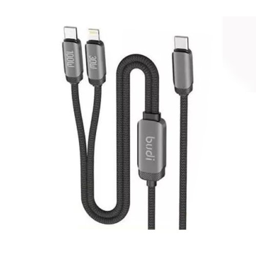 کابل فست شارژ USB-C به USB-C و لایتنینگ بودی مدل BUdi DC266TTL12B توان 100 وات طول 1.2 متر با گارانتی ۱۸ ماهه شرکتی (۶ ماه تعویض)