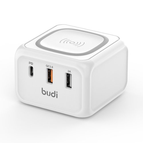 شارژر دیواری 36 وات بودی مدل Budi M8J317WU سه پین با دو خروجی USB، یک خروجی USB-C و  یک خروجی شارژ بی سیم با گارانتی ۱۸ ماهه شرکتی (۶ ماه تعویض)