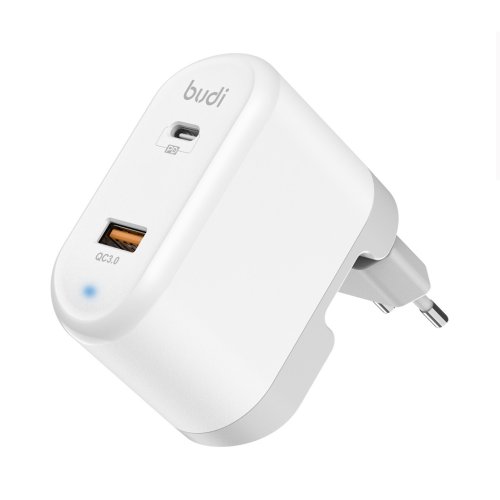 شارژر دیواری 38 وات بودی مدل Budi AC328EW دو پین با یک خروجی USB و یک خروجی USB-C و سری قابل چرخش با گارانتی 18 ماهه شرکتی (6 ماه تعویض)