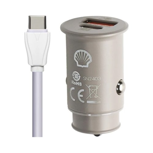 شارژر فندکی 30 وات شل مدل Shell CCT006CC با 1 خروجی USB-C و 1 خروجی USB به همراه کابل  USB-C با گارانتی 18 ماهه شرکتی