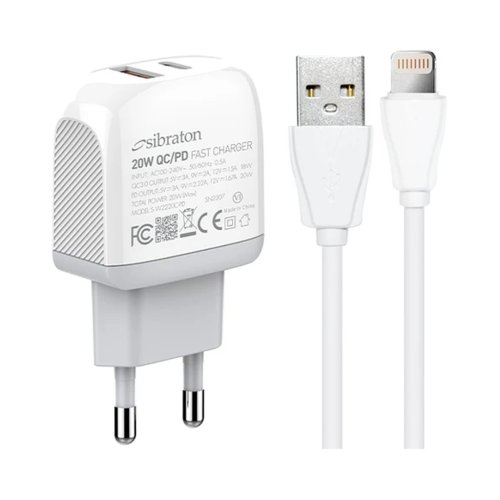 شارژر دیواری 20 وات سیبراتون مدل Sibraton S-W2220i PD با 1 خروجی USB-C و 1 خروجی USB به همراه کابل لایتنینگ با گارانتی 18 ماهه شرکتی