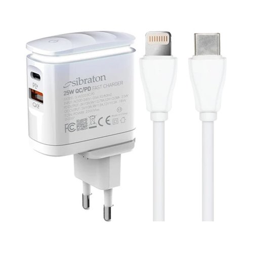 شارژر دیواری 25 وات سیبراتون مدل Sibraton S-W2225i PD با 1 خروجی USB-C و 1 خروجی USB به همراه کابل لایتنینگ با گارانتی 18 ماهه شرکتی