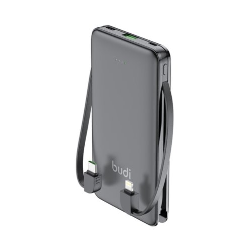 پاوربانک بودی 10000 میلی آمپر 20 وات مدل Budi PB088B دارای یک خروجی USB و دو کابل خروجی USB-C و لایتنینگ با گارانتی ۱۸ ماهه شرکتی (۶ ماه تعویض)