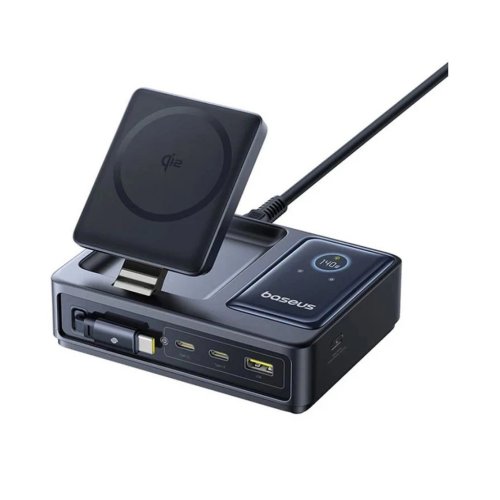شارژر رومیزی 140 وات باسئوس 5 پورت مدل Baseus Nomos 5in1 Qi2 با 3 خروجی USB-C و 1 خروجی USB و 1 خروجی بی سیم به همراه کابل جمع شونده با گارانتی 24 ماهه شرکتی